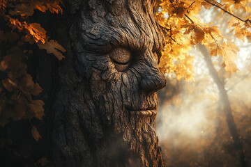 Poster - Enchanted tree with a human face surrounded by autumn leaves and sunlight