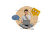 © deagreez - Collage picture of thoughtful guy use netbook think dialogue message bubble isolated on painted beige background