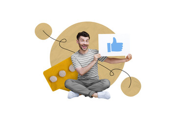 Poster - Collage picture of cheerful guy arms hold paper like thumb up icon message notification isolated on beige background