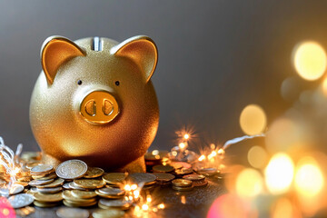 Golden piggy bank surrounded by coins and lights