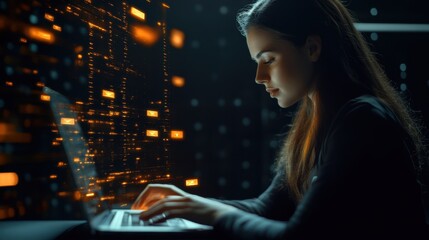 Poster - Young Woman Focused on Laptop in a Darkened High-Tech Environment