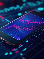 Poster - Close up of phone with creative forex chart on blue background. Trade, finance, technology and communication concept. 3D Rendering