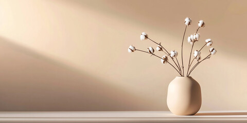 Aufkleber - Minimalist beige vase with cotton stems in soft sunlight