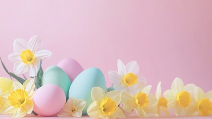 Wall Mural - Easter pastel background with colorful easter eggs and daffodils