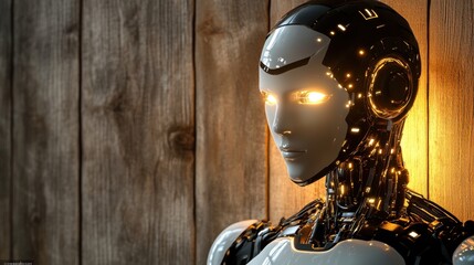 Poster - Futuristic Robot Figure with Glowing Features Against Wood Background