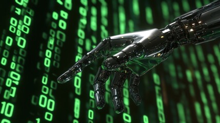 Poster - Futuristic robotic hand reaching toward digital binary code background