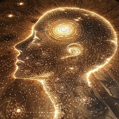 Poster - Abstract glowing human head with golden swirling energy and cosmic design
