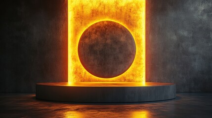Poster - A futuristic 3D podium with a glowing circular design serves as a high-tech stage for a product display in a modern studio setting, HD image