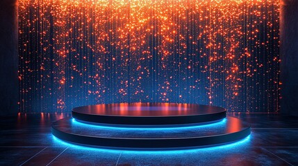 Poster - A futuristic 3D podium with a glowing circular design serves as a high-tech stage for a product display in a modern studio setting, HD image