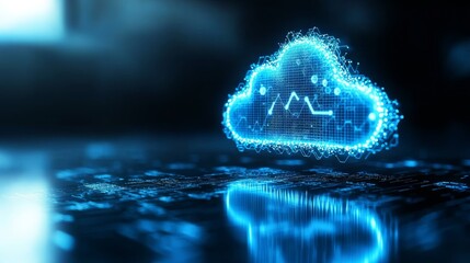 Poster - A glowing digital cloud icon symbolizes cloud computing, with abstract data patterns suggesting connectivity and advanced technology.