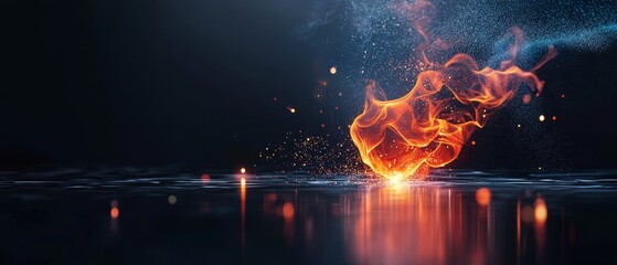 Poster - A vibrant explosion of fire and sparks illuminates a dark, reflective surface, creating a striking contrast in a dynamic visual scene.