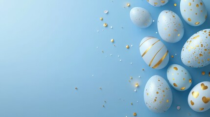 Wall Mural - A group of Easter eggs with blue and gold decoration on a blue background. Flat lay, top view. religious holiday. Banner, card with place for text. Free copy space