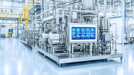 Poster - A modern industrial facility featuring advanced machinery with digital screens, emphasizing technology and efficiency in manufacturing.