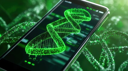 Poster - A smartphone displays a glowing green DNA helix, symbolizing the intersection of technology and genetics.