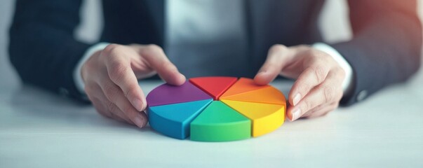 Leinwandbilder - A person in a suit holds a colorful pie chart, symbolizing analysis, statistics, or business presentations.
