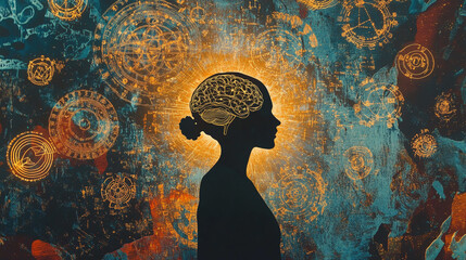 Poster - Silhouette of a woman with illuminated brain and intricate cosmic patterns