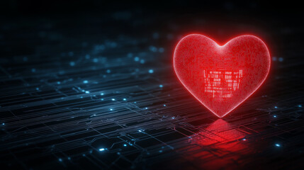 Poster - glowing digital heart icon on dark background, symbolizing love and technology. heart is composed of glowing pixels, creating modern and vibrant look