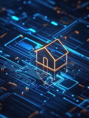 Poster - smart system management and smart home technologies concept with glowing digital home icon surrounde