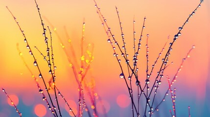  Raindrops shimmering at sunrise reflecting warm hues