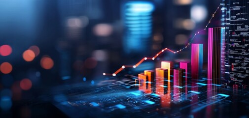 Poster - A vibrant digital graph displays increasing data trends against a blurred urban background, symbolizing growth and technology.
