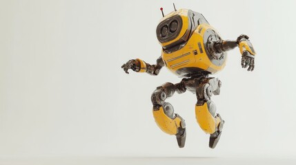 Aufkleber - A futuristic yellow robot with a friendly design, hovering in mid-air.