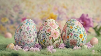 Wall Mural - Springtime elegance: floral-patterned easter eggs on pastel background