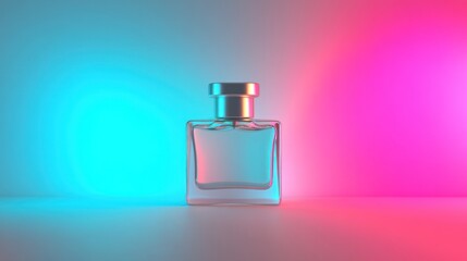 Poster - A glass perfume bottle illuminated with pink and blue lighting.