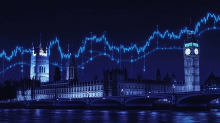 Poster - A financial graph rising alongside a parliament building, representing growth and governance in a modern context.