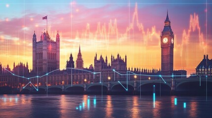 Poster - A financial graph rising alongside a parliament building, representing growth and governance in a modern context.