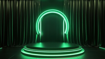 Poster - A futuristic podium bathed in vibrant green neon light, contrasted against black curtains for an ultra-modern and chic showcase.