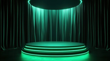 Poster - A futuristic podium bathed in vibrant green neon light, contrasted against black curtains for an ultra-modern and chic showcase.
