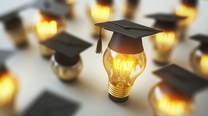 Fototapete - A glowing light bulb wearing a black graduation cap, surrounded by others, symbolizing innovation and education on a white background