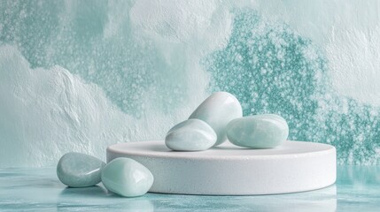 Wall Mural - Smooth aqua ceramic stones on white circular display with abstract watercolor background