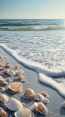 Poster - Beautiful tranquil beach with seashells and gentle waves at sunset