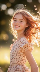 Poster - Cheerful girl with flowing hair enjoying sunshine in a vibrant outdoor setting during late afternoon
