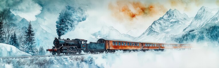 Poster - Steam train chugs through snowy mountains under a dramatic watercolor sky at dawn