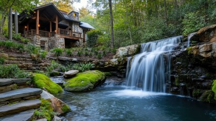 Poster - Serene waterfall cascading beside a rustic cabin in a lush forest setting