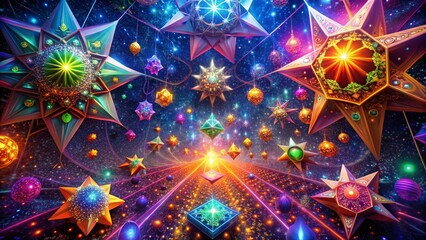 Poster - Algorithmic Forms: Abstract Space Geometry, Futuristic 3D Render, Digital Art
