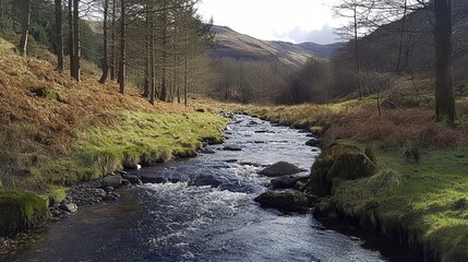 Poster - Mountain stream flowing gently through lush greenery near wooded hills
