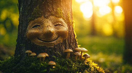 Poster - Smiling tree face surrounded by mushrooms in a forest during sunset