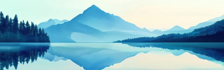 Poster - Majestic mountain silhouette reflecting on calm lake at dawn in serene landscape