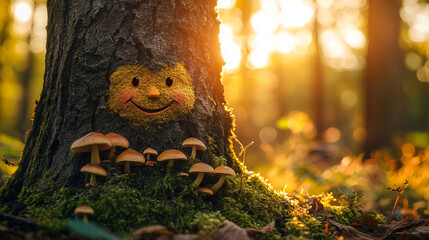 Poster - Smiling tree bark face surrounded by mushrooms in a sunlit forest