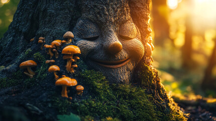 Poster - Smiling tree trunk with mushrooms and moss in a sunlit forest scene