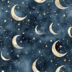 Aufkleber - Intricate doodle cartoon drawing of moons and stars in a dark starry sky pattern suitable for artistic projects or backgrounds