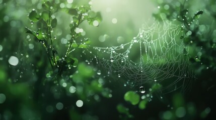 Poster - Enchanting morning dew glistens on delicate spiderwebs among lush greenery in a tranquil setting