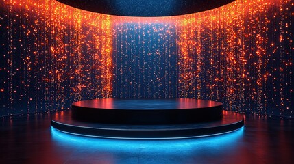 Poster - A futuristic 3D podium with a glowing circular design serves as a high-tech stage for a product display in a modern studio setting, HD image