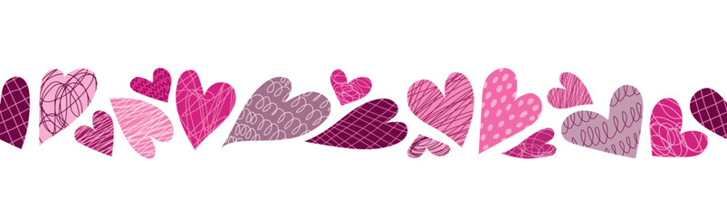 Poster - Header with hand drawn scribbled hearts. Hearts in form children's doodles. Seamless borders isolated on transparent background. Header for letters, websites, mailing lists. For Valentine's Day