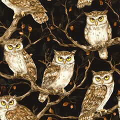 Poster - Vibrant watercolor doodle depicting lively owls perched on branches among autumn leaves at night
