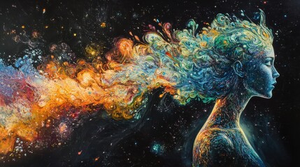 Aufkleber - Surreal representation of a glowing woman with colorful hair and cosmic elements at night