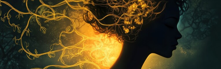 Aufkleber - Surreal silhouette of a woman glowing amidst ethereal vines in a dreamlike forest setting